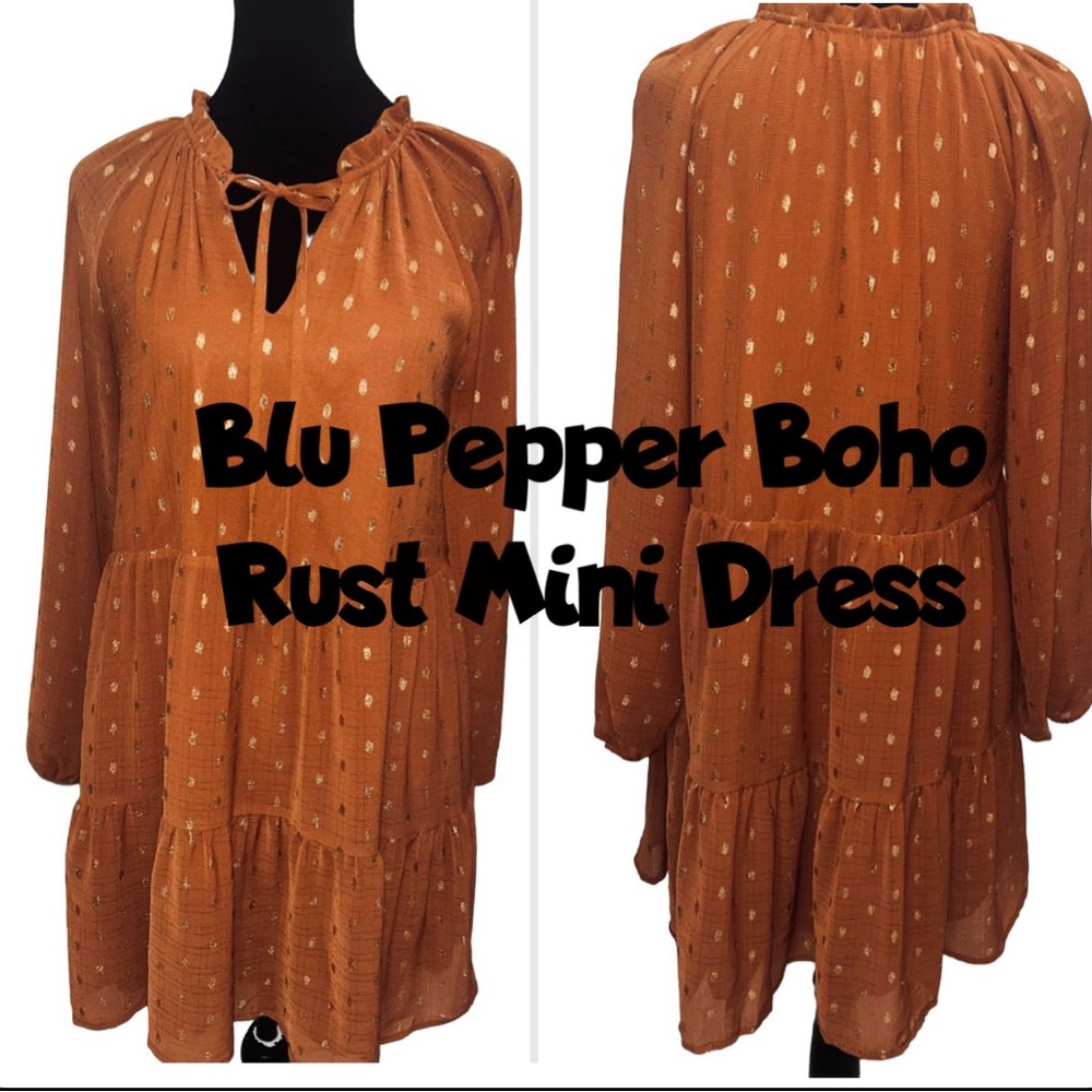 🥇🥇Blu Pepper Boho Rust Mini‎ Dress with Gold Polka Dots🥇🥇
